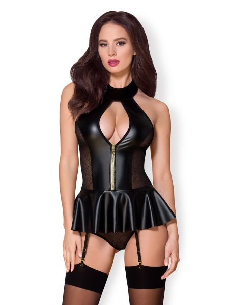 Obsessive Wetlook Korsett mit goldfarbenem Reißverschluss und Strumpfhaltern, Schwarz