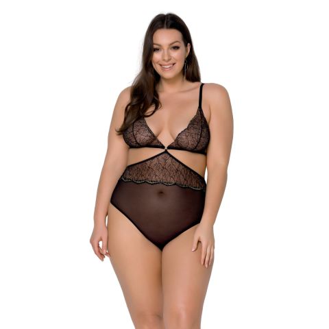 Curvy Stringbody aus Spitze & Tüll schwarz | Passion Size Plus, große Größen