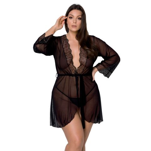 Schwarzer Kimonomorgenmantel aus Tüll & Spitze – Plus Size, von Passion