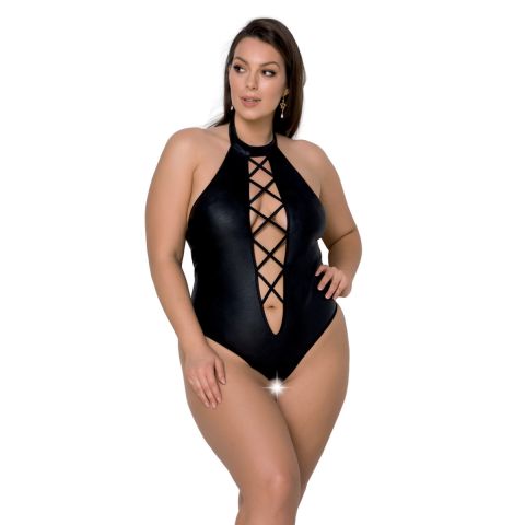 Plus Size Leder-Optik Stringbody in Schwarz von Passion Size Plus, 4XL–7XL